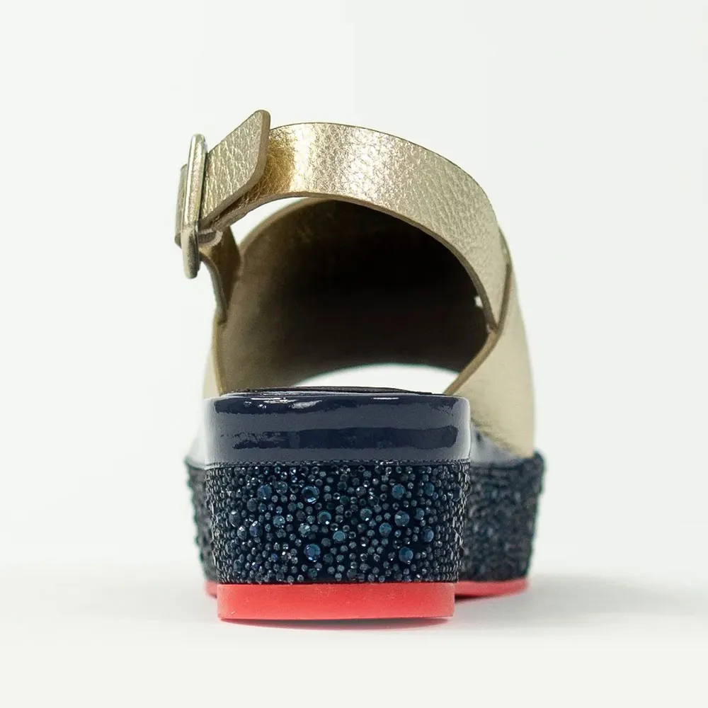 Gold Peep Toe Rhinestone Wedge Heel Platform Sandals with Buckle