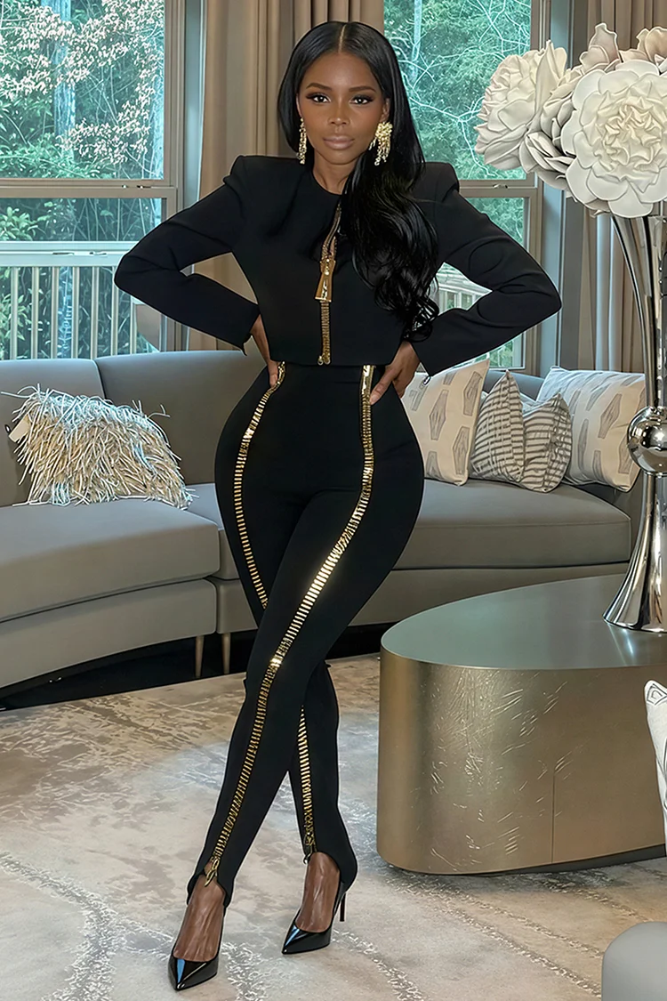 Zipper Patch Shoulder Pad Jacket Skinny Pants 2pcs Set-Black