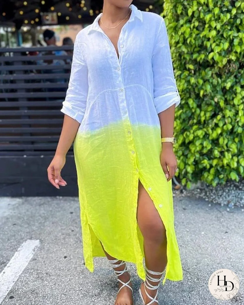 Colorblock Button Front Split Hem Longline Shirt Dress
