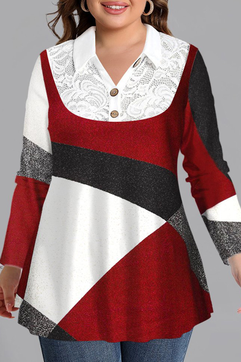 Flycurvy Plus Size Casual Burgundy Lace Colorblock Stitching Print Shirt Collar Blouse