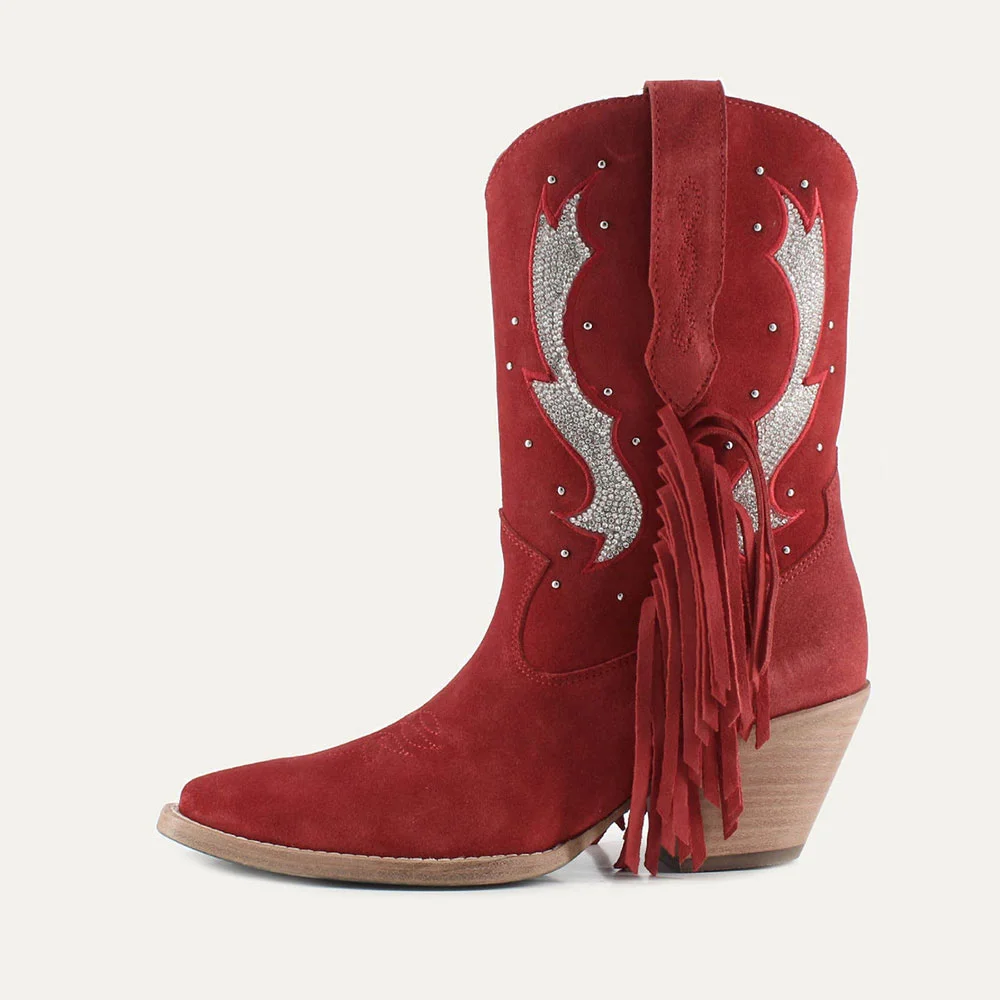 Red Vegan Suede Studded Snip Toe Rhinestone Wide Calf Cowgirl Boots