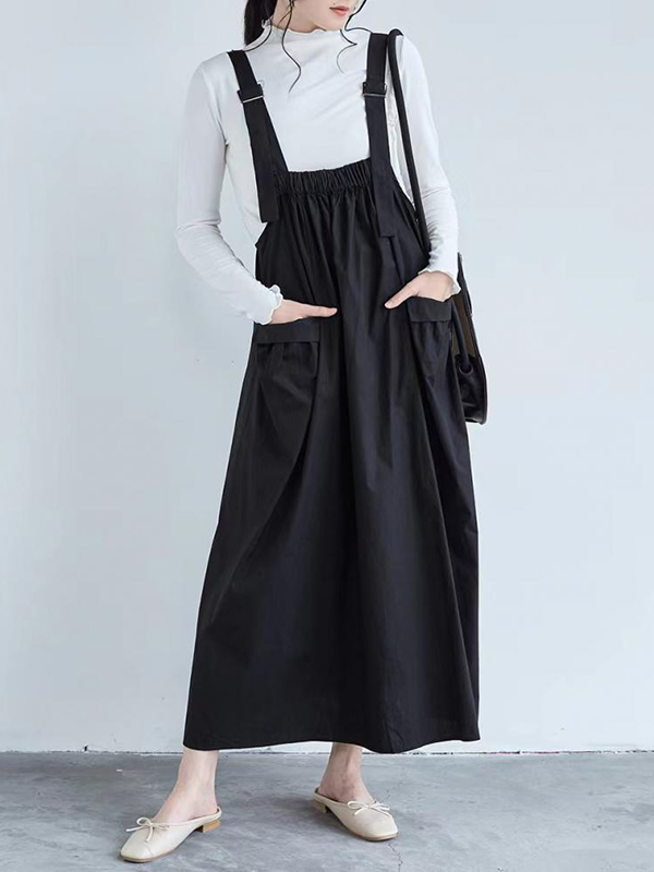 Loose Strap Large Pocket Ruched Midi Dress