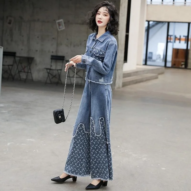 2021 Spring Autumn Women's Clothing Blue Single-breasted Short Cowboy Denim Jacket + Loose Wide Leg Pants Two Piece Jeans Set
