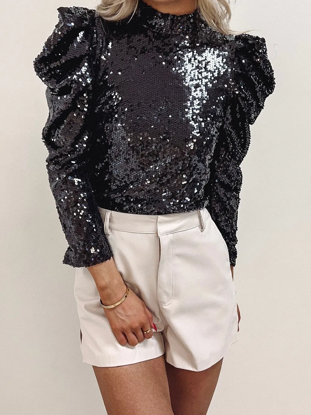 Black Sequin Top with Statement Sleeves