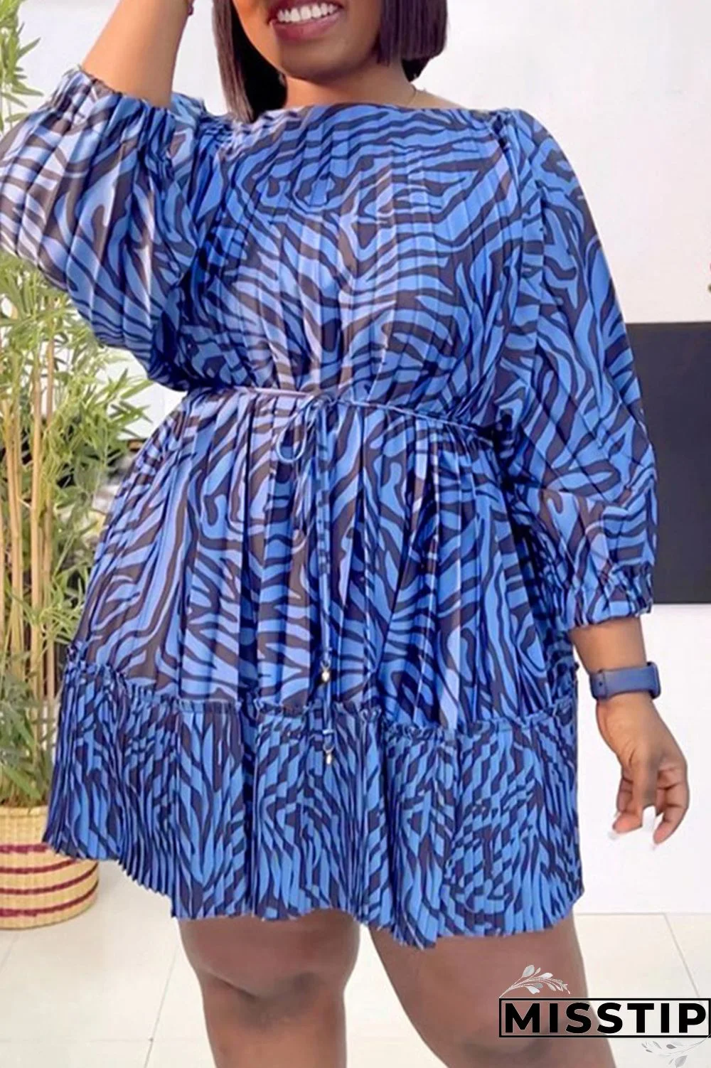 Blue Casual Print Patchwork Fold O Neck A Line Dresses