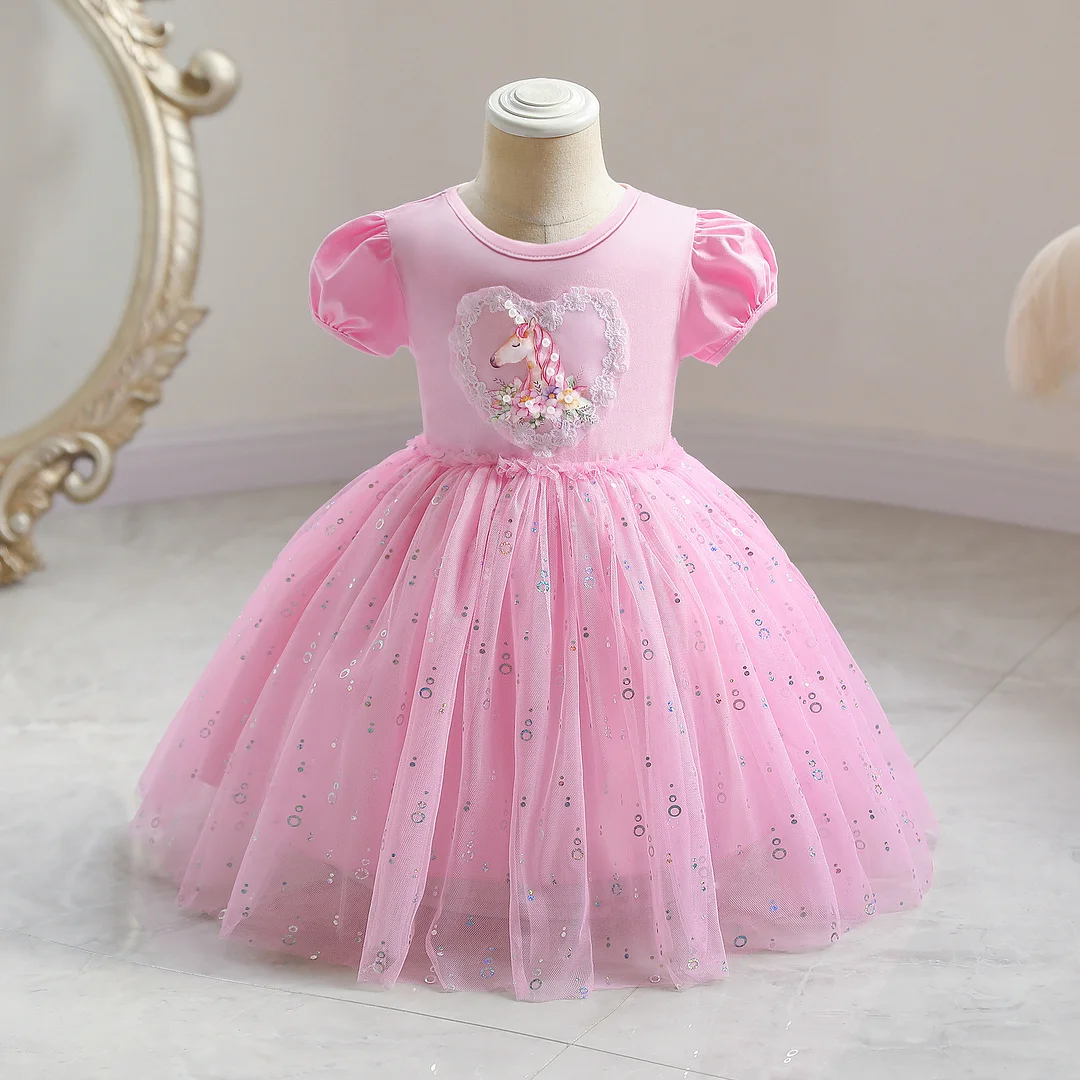 Buzzdaisy Unicorn Princess Dress For Girl Crew Neck Colorful Solid Color Puff Sleeves Breathable Cotton Autumn