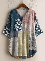 Japanese Art Retro Geometric Patchwork Plant Flower Print Women's V-neck Cotton And Linen Top