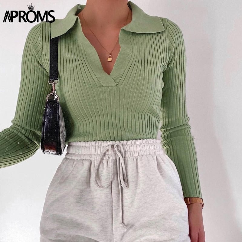 Aproms Vintage Candy Color V-neck Ribbed Knitted Sweaters Women Long Sleeve Soft Bodycon Pullovers 2022 Spring Stretch Jumpers
