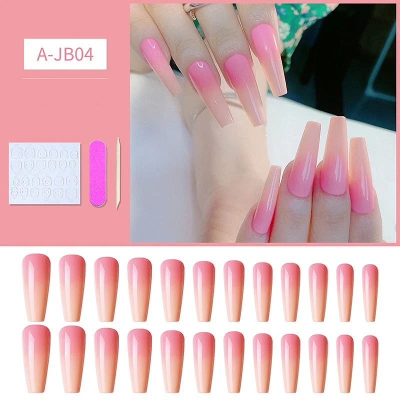 24pcs/box Artificial Nails With Glue Mid-length Fake Nails Gradient Wear Nail Stickers Finished Fake Nails Press On Nails Coffin-Nail Inspo