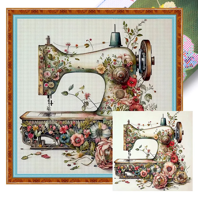 【Huacan Brand】Retro Floral Sewing Machine 14CT Stamped Cross Stitch 40*40CM