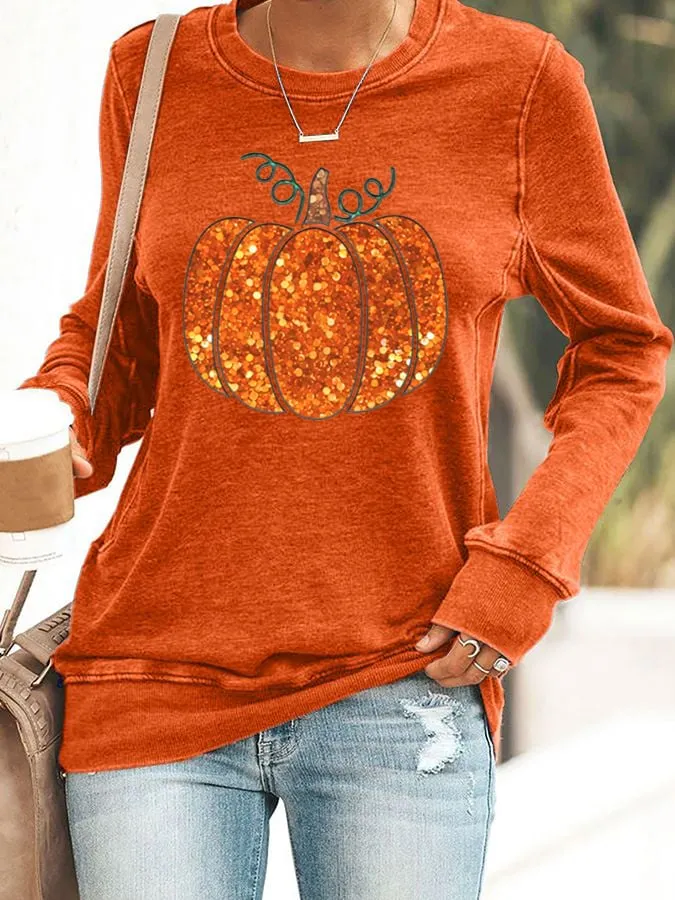 Women's Fall Sequin Pumpkin Print Sweatshirt 