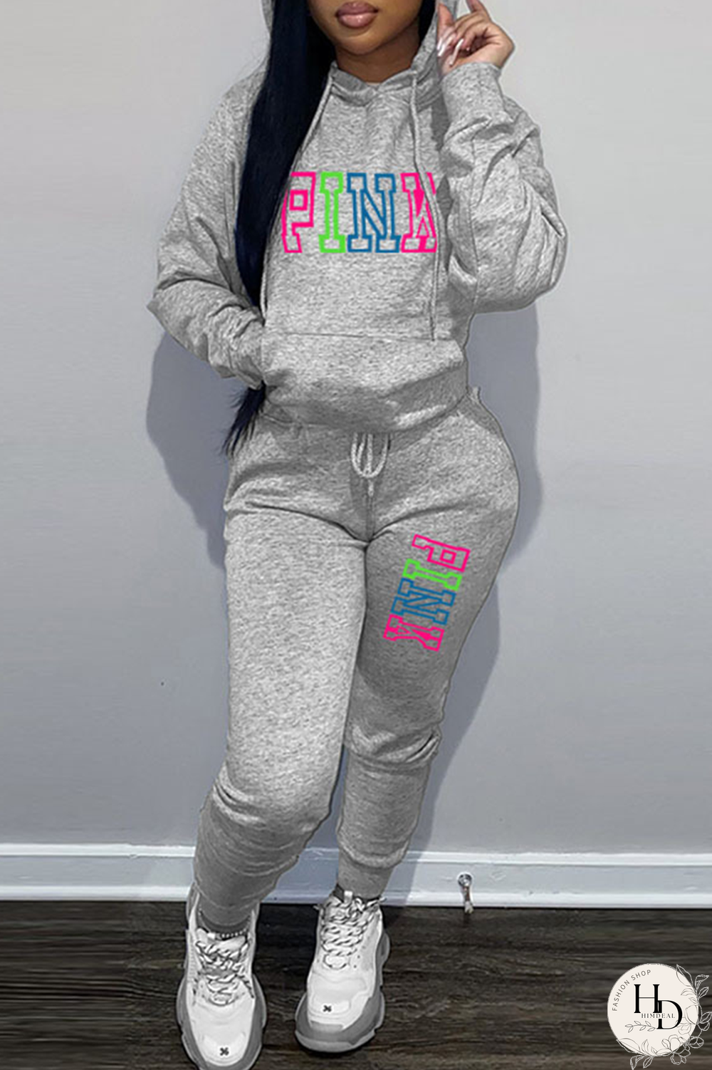 Grey Street Print Patchwork Hooded Collar Long Sleeve Two Pieces