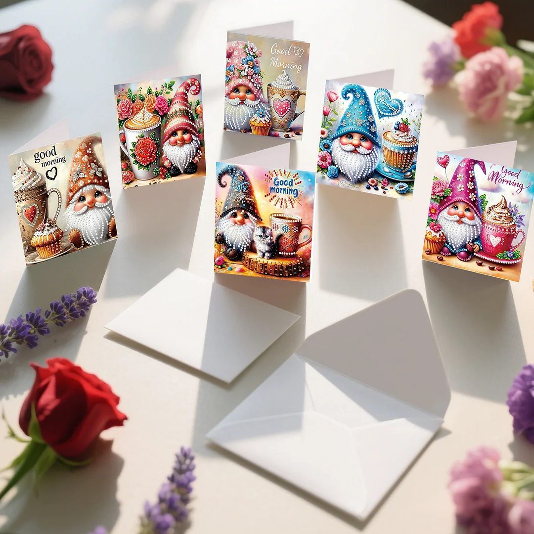 6pcs Good Morning Goblin DIY Diamond Painting Kit Greeting Card with Envelope Diamond Art Painting Greeting Cards for Family Friends Holiday Gift Congratulations