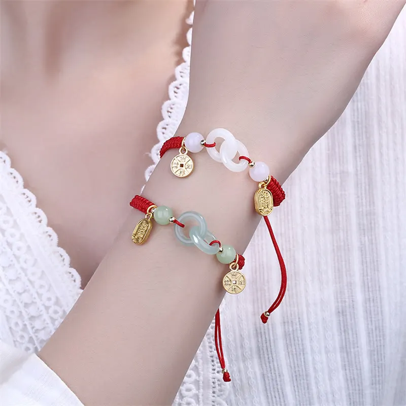 Cyan Jade White Jade Copper Coin Fu Character Double Peace Buckle Bracelet