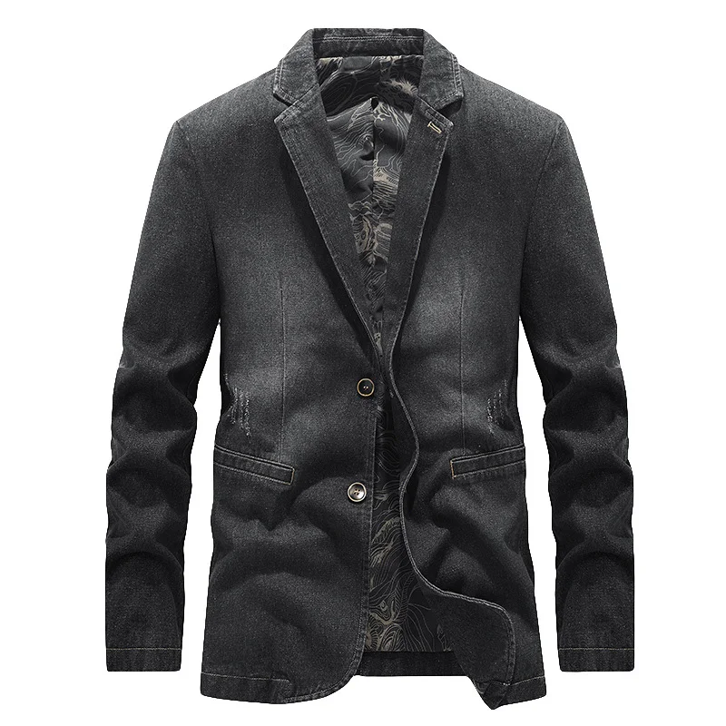 Men's Denim Coat Lapel V-Neck Heavy Weight Denim Jacket Business and Leisure Denim Outwear