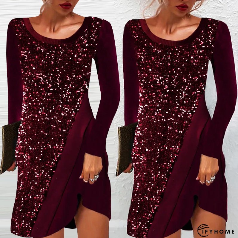 Women's Sequin Spliced Long Sleeve Elegant Round Neck Party A-Line Dress | IFYHOME