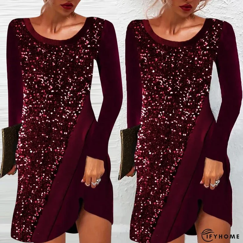 Women's Sequin Spliced Long Sleeve Elegant Round Neck Party A-Line Dress | IFYHOME