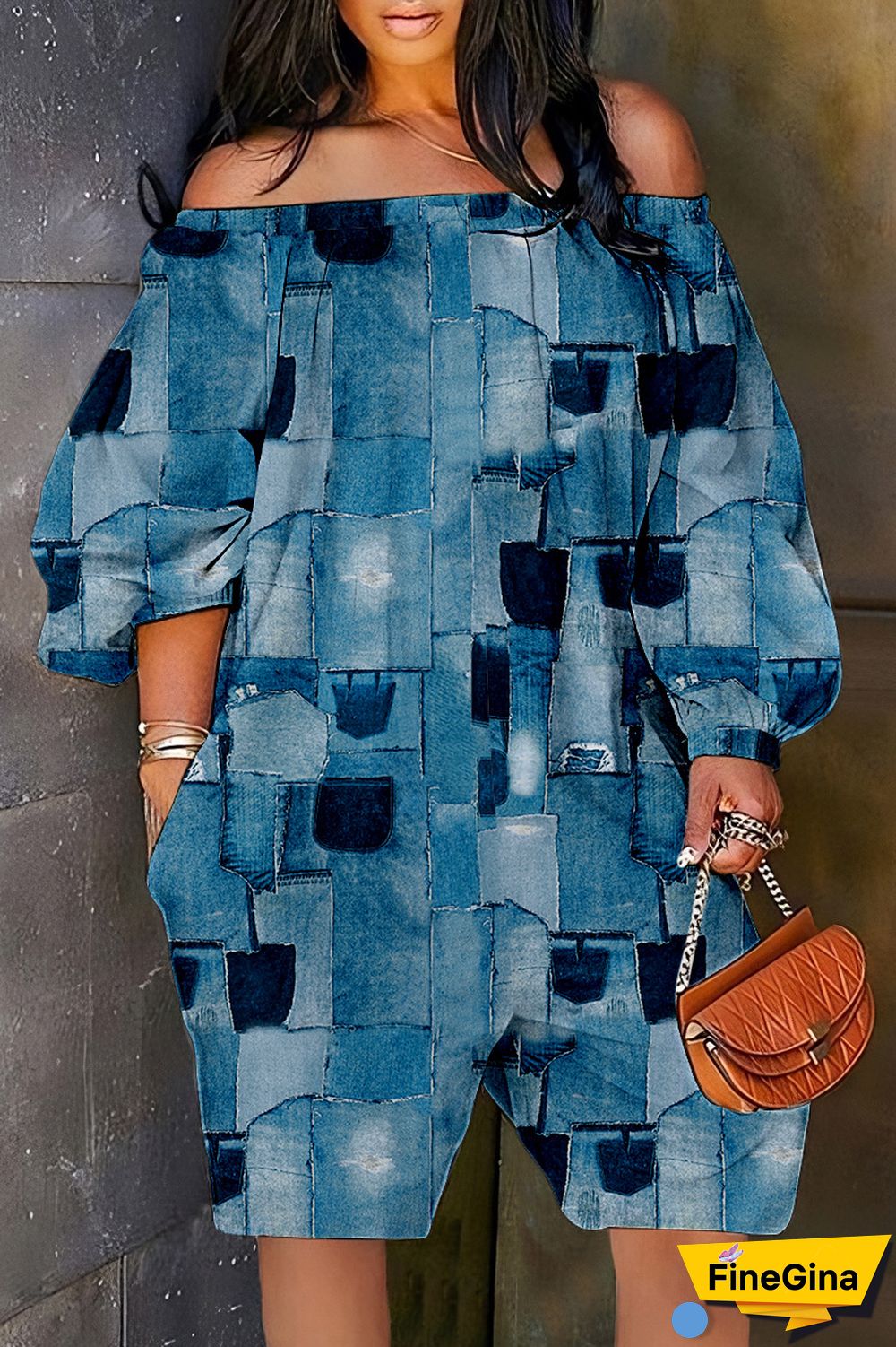 Cyan Casual Print Backless Off the Shoulder Regular Romper