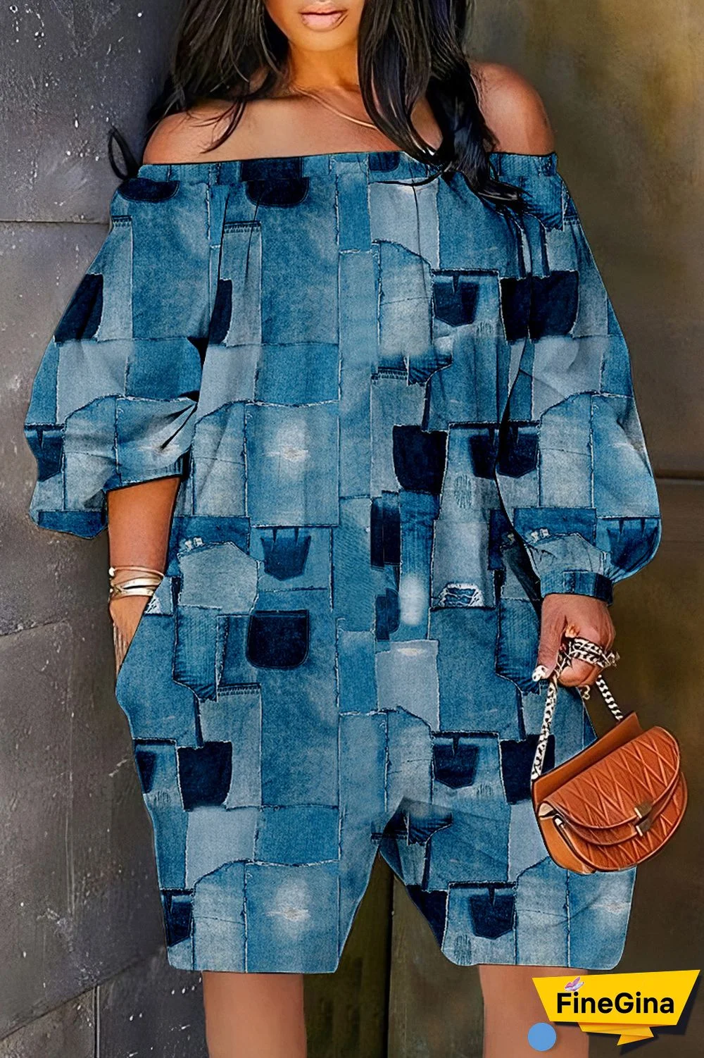 Cyan Casual Print Backless Off the Shoulder Regular Romper