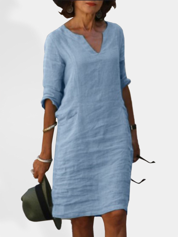 Older Women New Cotton and Linen Solid Color Slim V-neck Mid-sleeved Dress