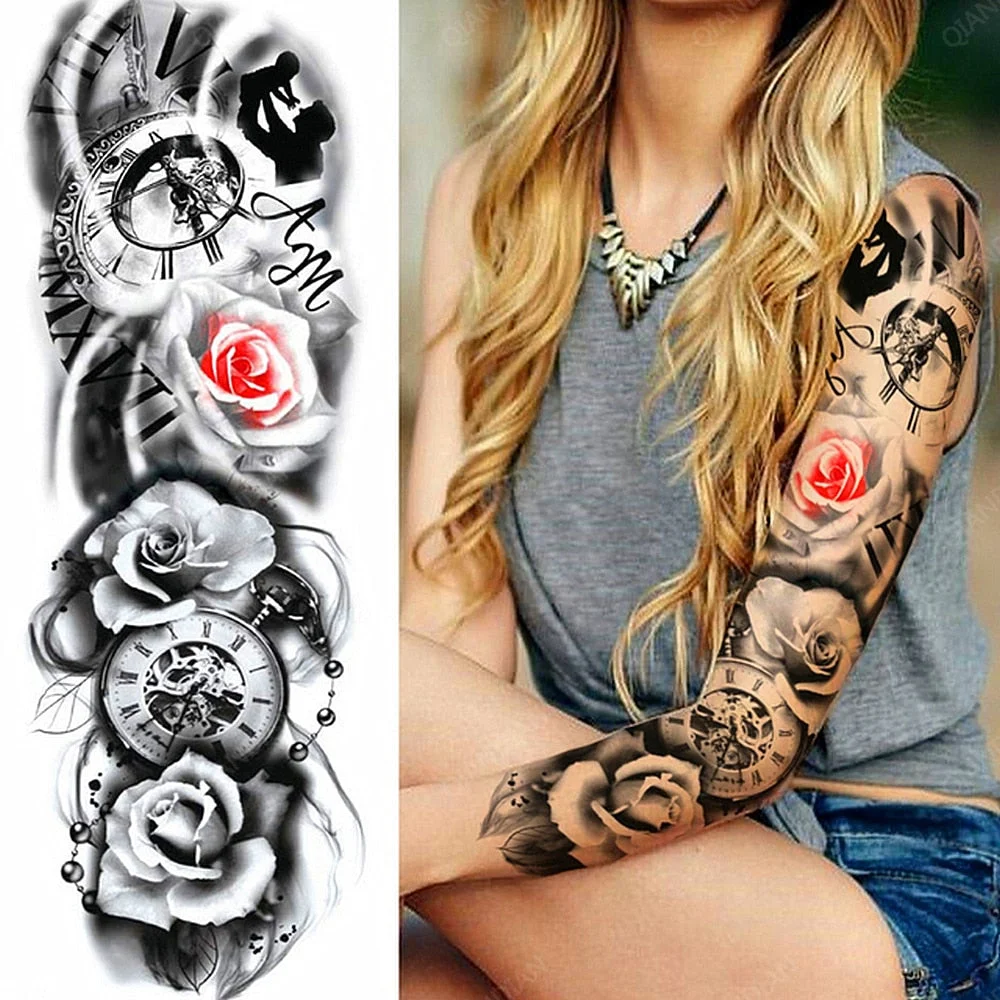 Large Arm Sleeve Tattoo Rose Lion Wolf Waterproof Temporary Tatto Sticker Flower Clock Waist Leg Body Art Full Fake Tatoo Women