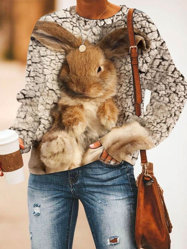 Fashion Bunny Print Long-Sleeved Sweatshirt