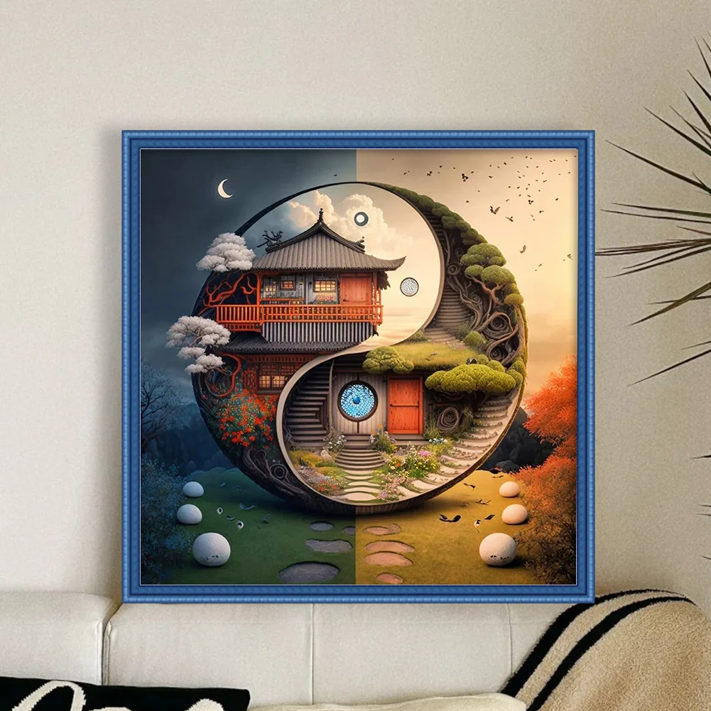 DIY Stamped Cross Stitch 11CT Full Embroidery 45*45cm - Tai Chi Diagram-Landscape Cabin