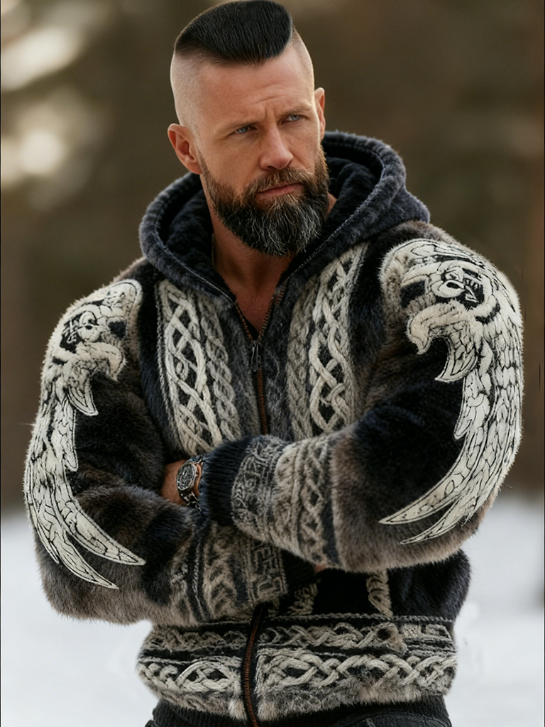 Men's Viking Tribal Jacquard Celtic With Wings Inspired Art Plush Warm Zipped Hooded Jacket elevenforest