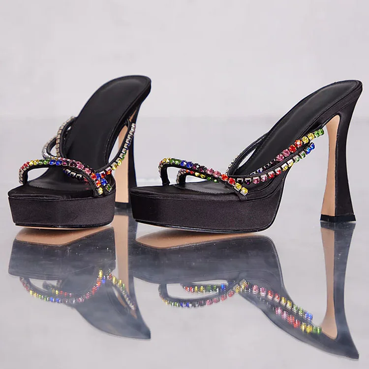 Black Square Toe Shoes Rhinestones Strappy Mules Party Sandal Heel |FSJ Shoes