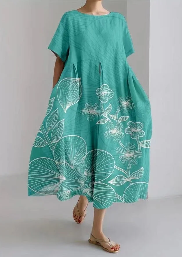 Lake Blue Print Cotton Dresses Pockets Patchwork Summer