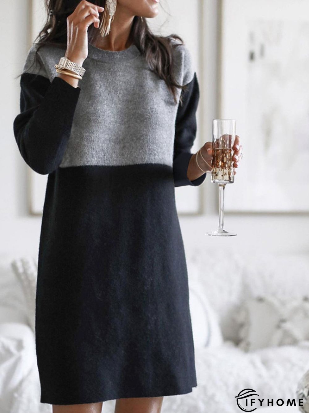 Plain Cotton-Blend Knitting Dress | IFYHOME