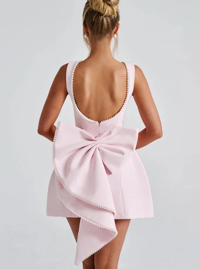 Women's Elegant Pearl Bow Backless Sleeveless Party Cute Mini Dresses 