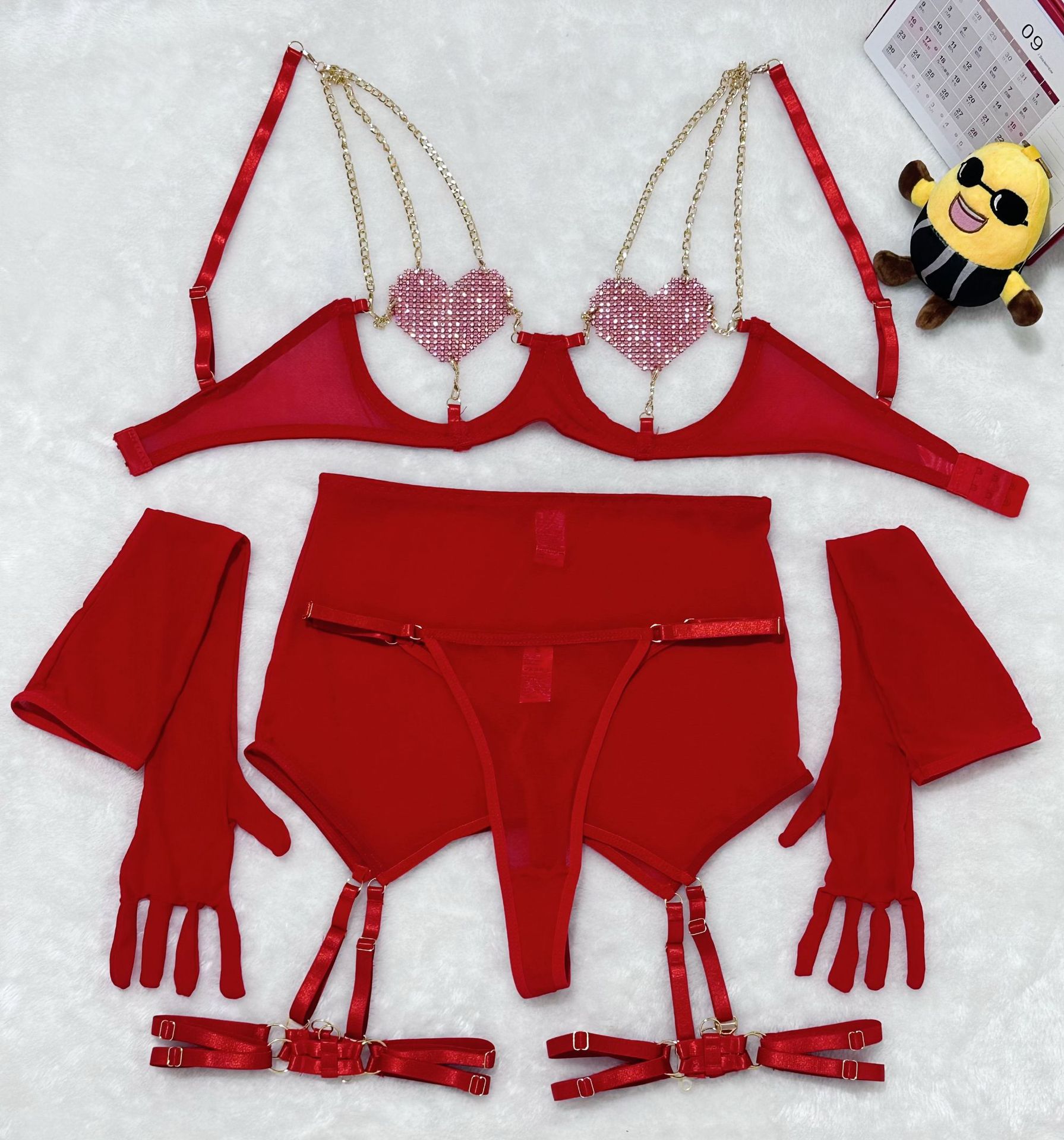 Lovingerie - Three-Piece Hollow-Out Heart-Shaped Pasties Metal Chains Alluring Appeal Sexy Lingerie Set