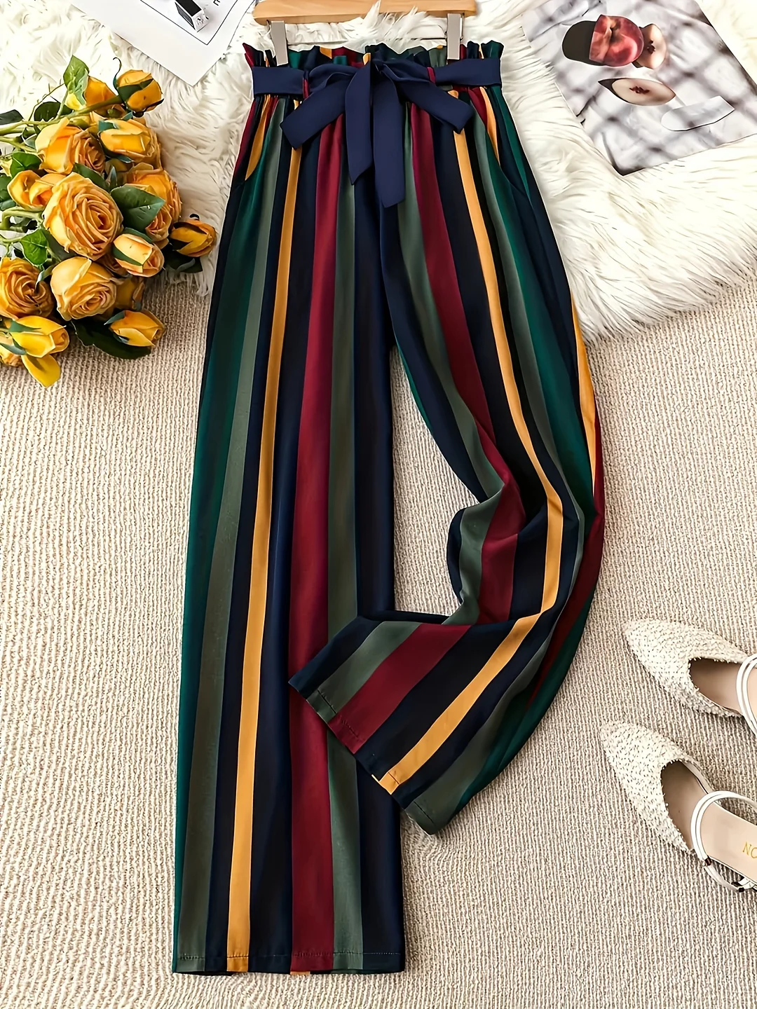 Women's Elegant Striped Pocket Pants - High-Waisted, Long Straight Leg, Polyester Blend, Casual To Semi-Formal Wear, Spring Summer Pants | Bowtie Waistband | Polyester Blend Pant | IFYHOME