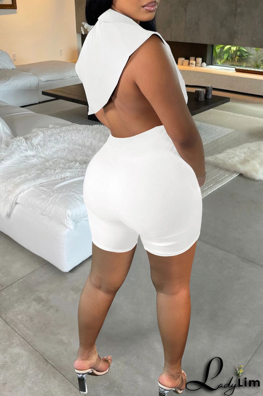 Black Sexy Solid Backless Asymmetrical V Neck Sleeveless Two Pieces