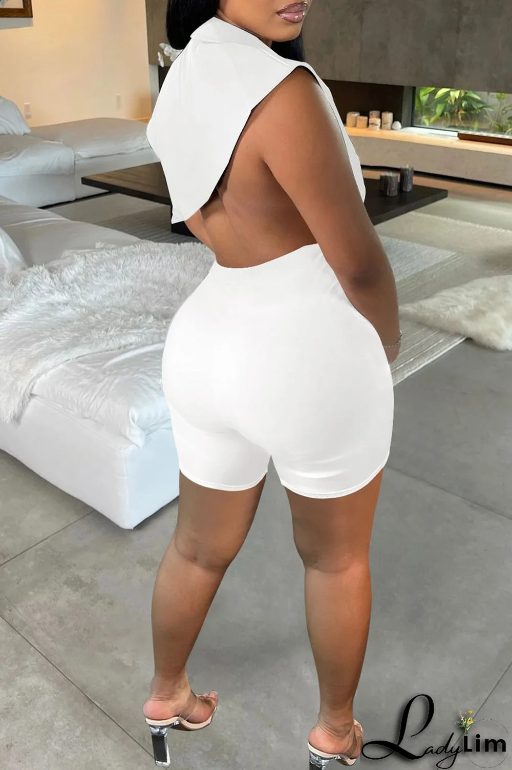 Black Sexy Solid Backless Asymmetrical V Neck Sleeveless Two Pieces