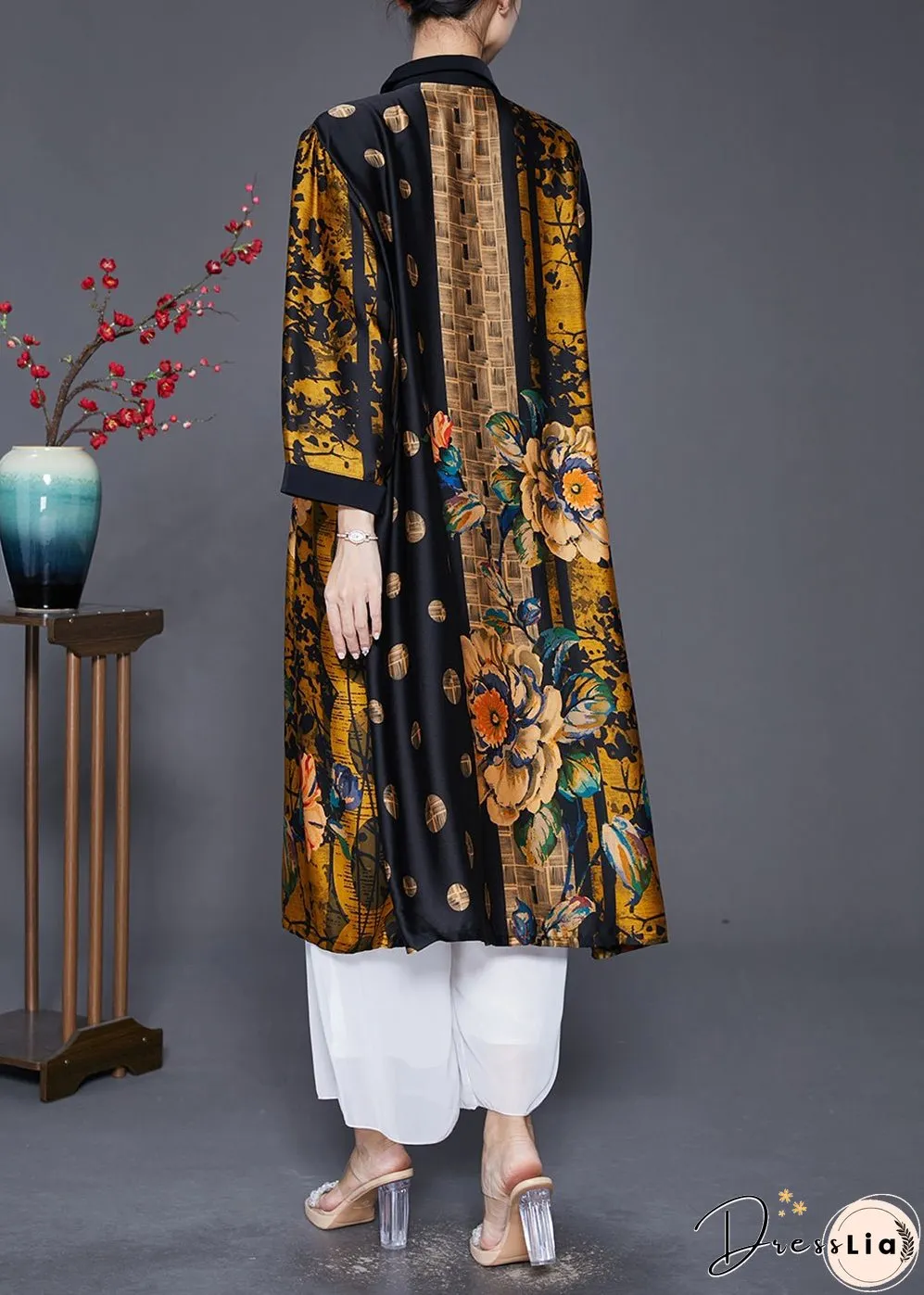 Handmade Yellow Oversized Print Wrinkled Silk Coats Fall