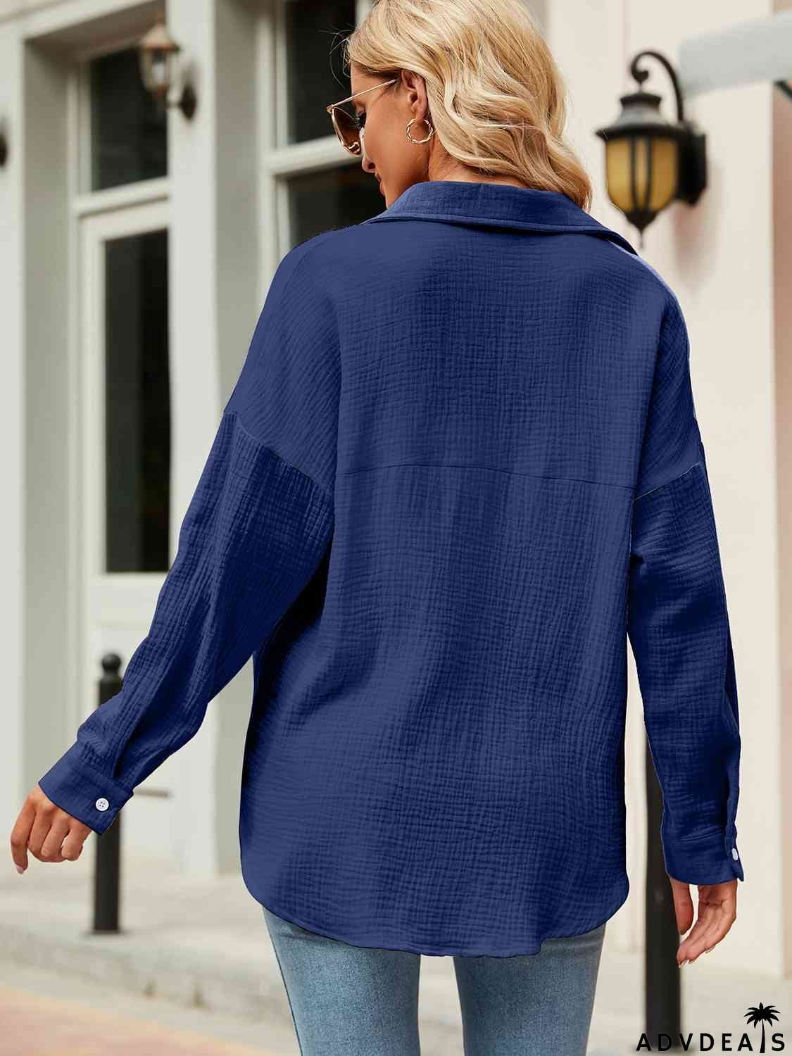 Button Up Collared Neck Drop Shoulder Shirt