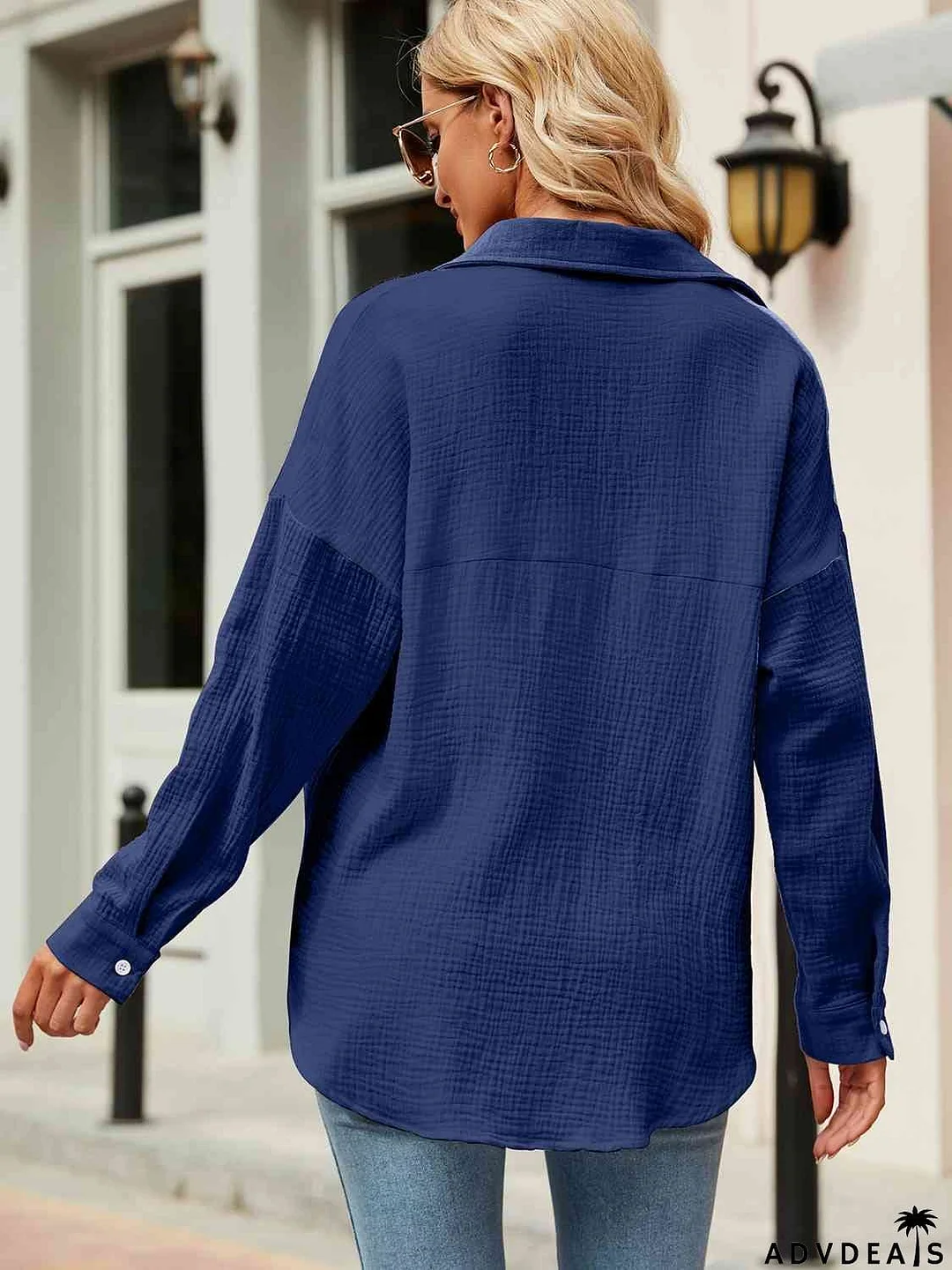 Button Up Collared Neck Drop Shoulder Shirt