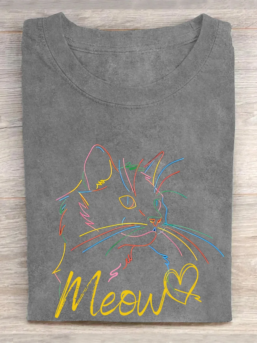 Eagerlys Meow Abstract Cat Line Drawing T-shirt Eagerlys