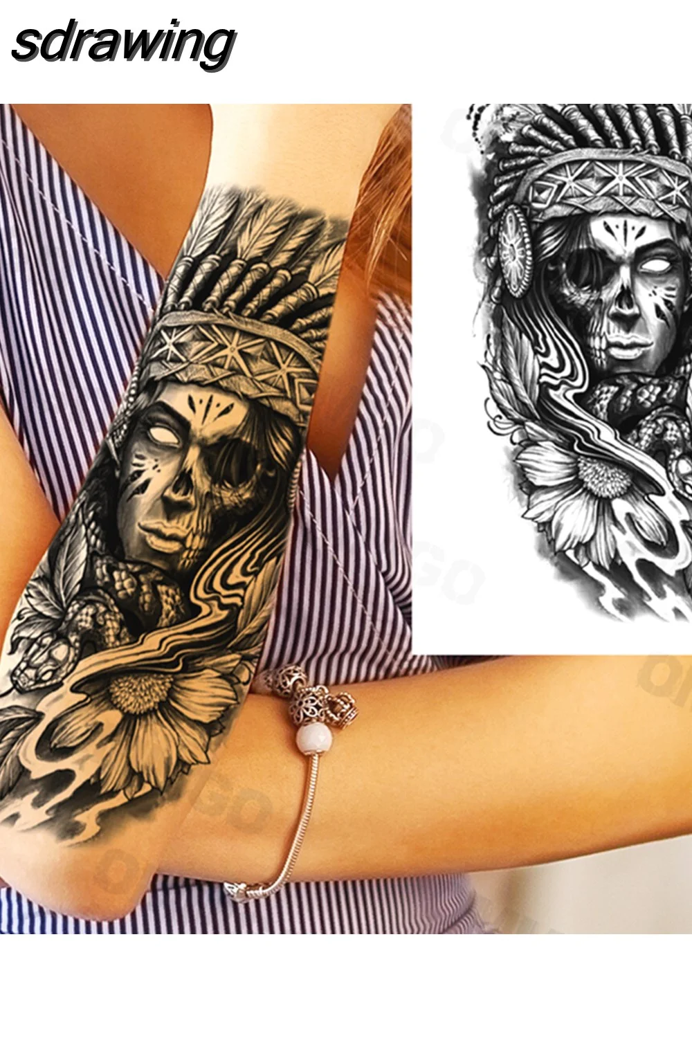 sdrawing Lion Rose Flower Temporary Tattoos For Women Adult Girl Compass Skull Fake Tattoo Arm Thigh Body Art Waterproof Tatoos