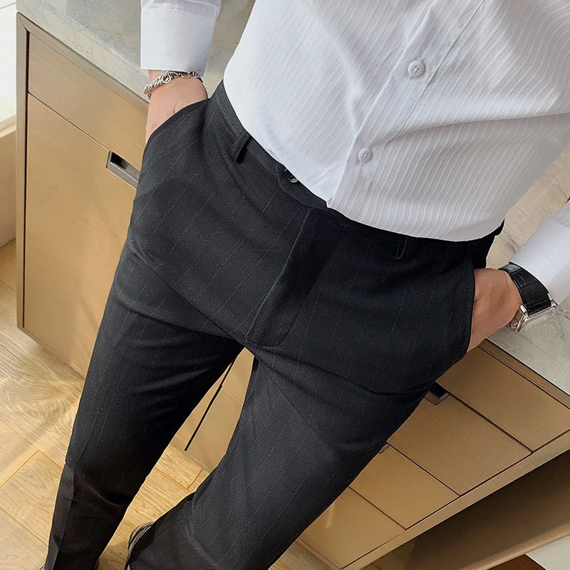 Striped Trousers Autumn New Men's Large Comfortable Elastic Leg Casual Pants Dark Grey Cultivate One's Morality The Office Trend
