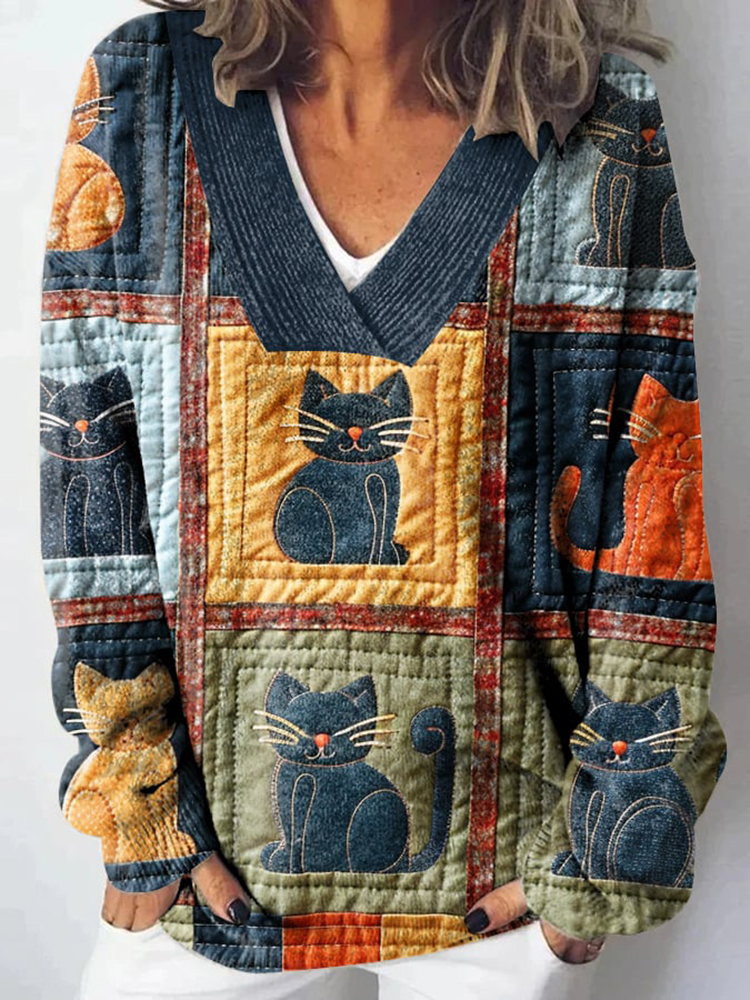 Comstylish Women's Vintage Cat Knit V Neck Cozy Sweater