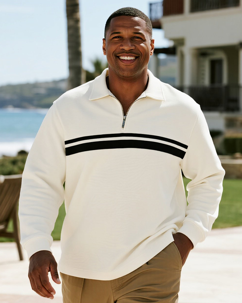 Big & Tall Men's Business Classic Black And White Stripe Print Long Sleeve Zipper Polo Shirt