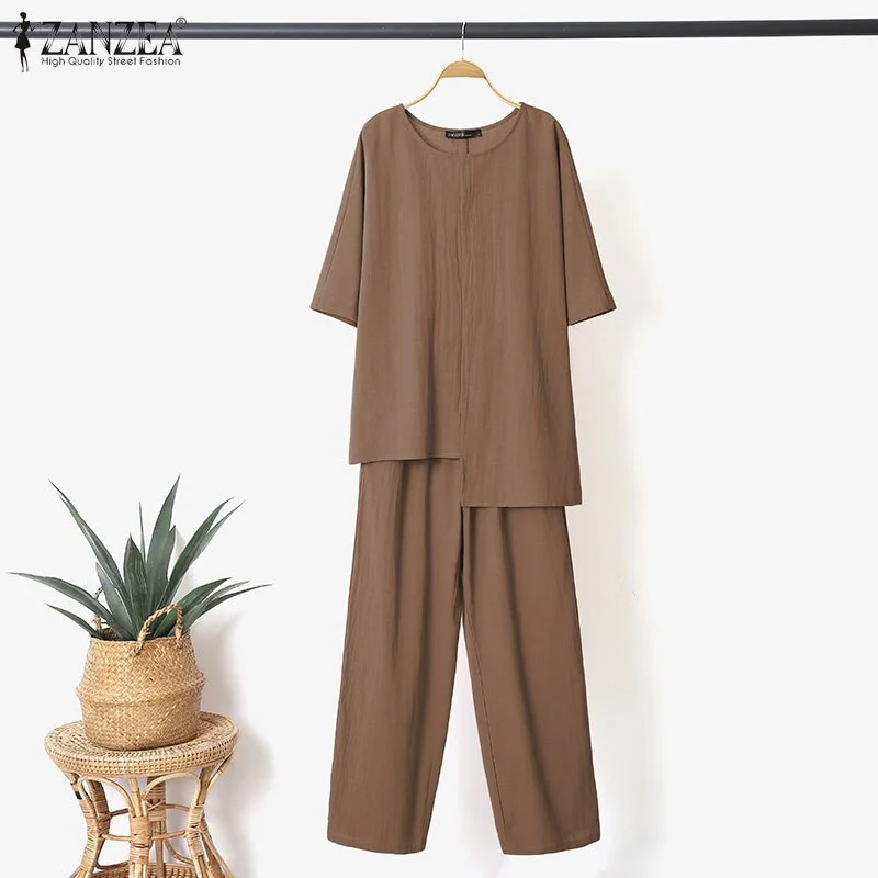 2PCS Pant Sets Fashion Women Sets ZANZEA 2022 Elegant Half Sleeve Blouse Wide Leg Long Trousers Suits Loose Summer Matching Sets
