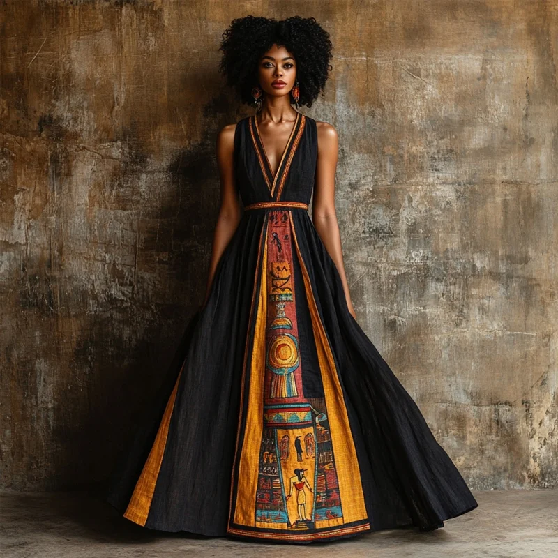 Ancient  Egyptian Ankh Embroidered Linen Maxi Dress
