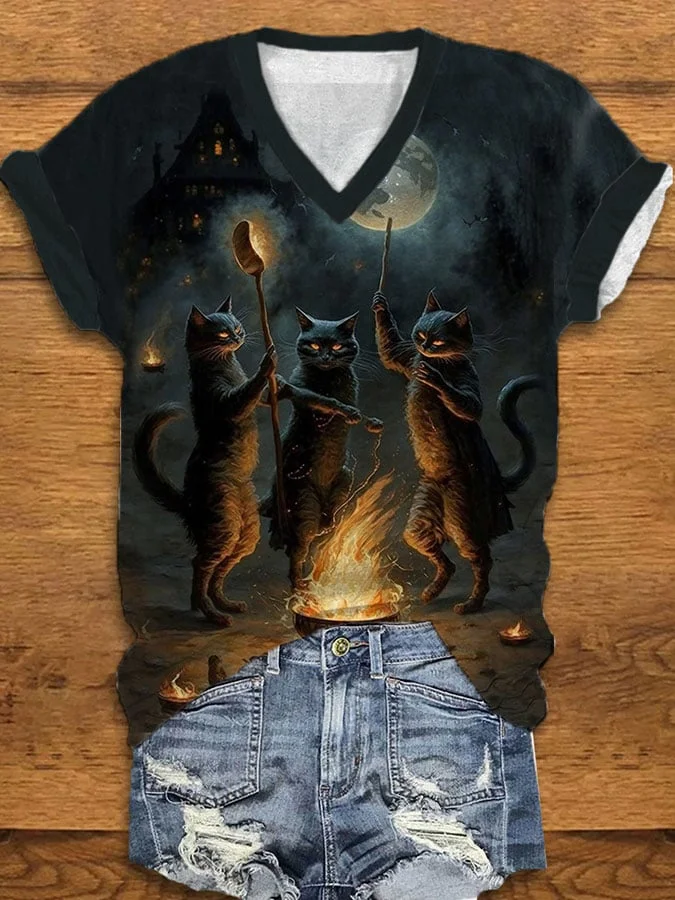 Women's Magic Black Cat Print V-Neck T-Shirt