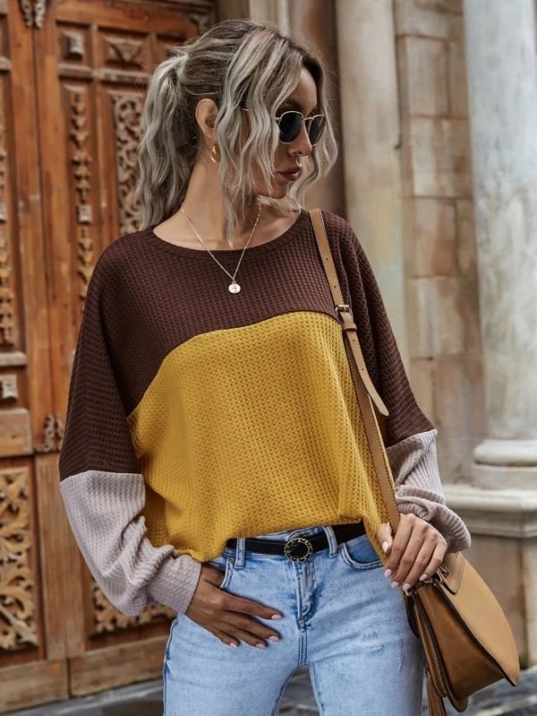 Women's knitting sweater round neck long sleeve color matching sweater