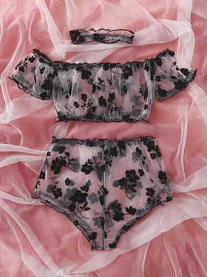 Floral Mesh Lingerie Set & Choker Panty Sets