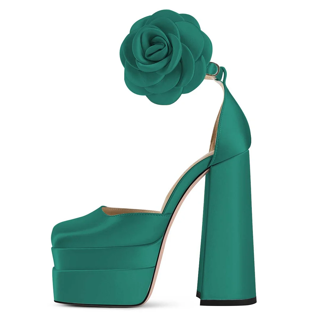 Dark Green Satin Floral Ankle Strap Platform Square Toe 6-Inch Heels